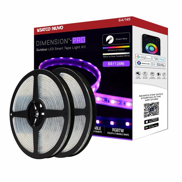 Nuvo Dimension Pro Tape Light Strip 64 ft. RGB + Tunable White - J-Box - IP65 - Starfish IOT - RF Remote 64/145